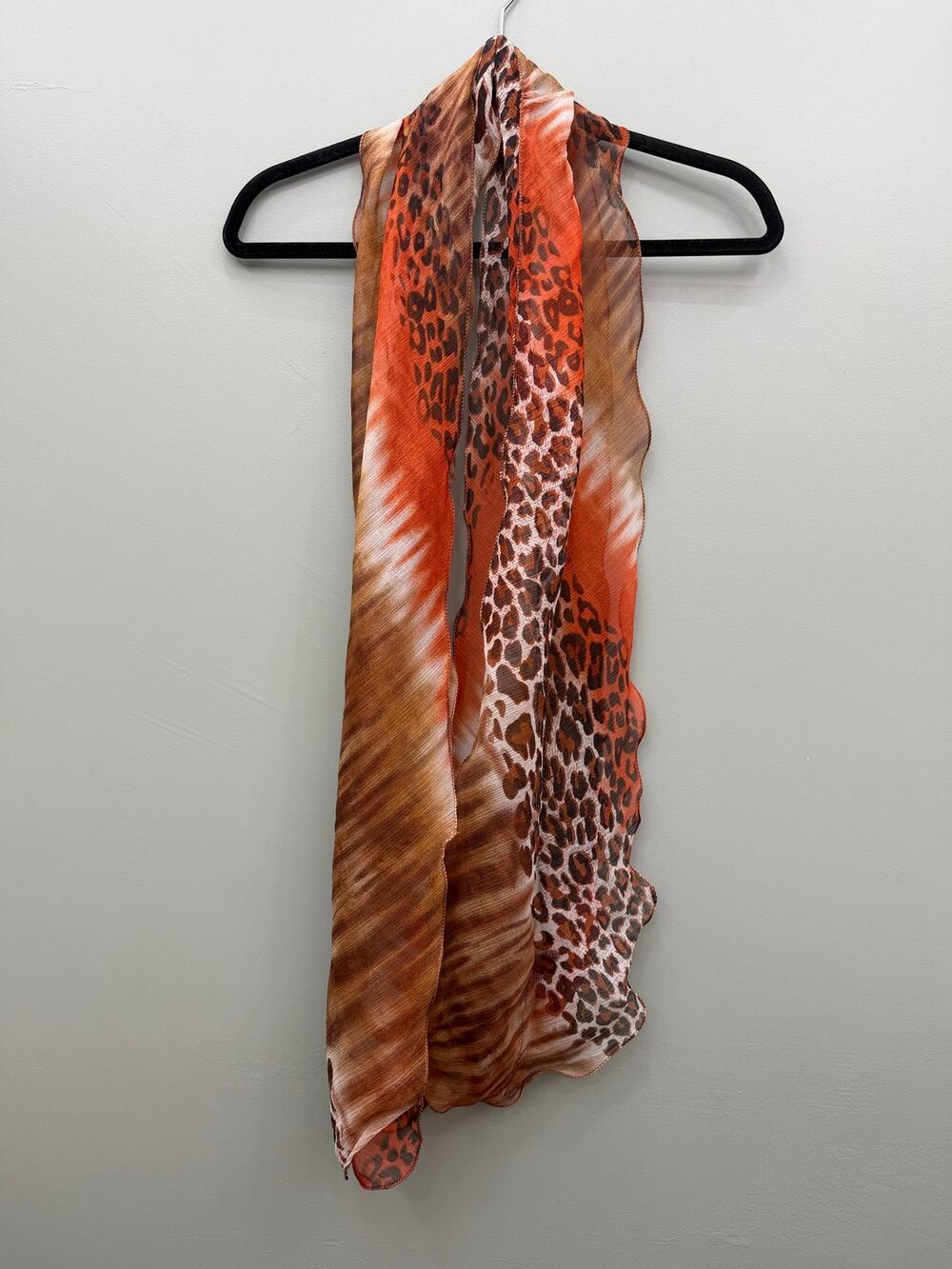 Leopard Animal Print Scarf 8x72 Orange Brown Sheer Skinny Long Y2K Boho
